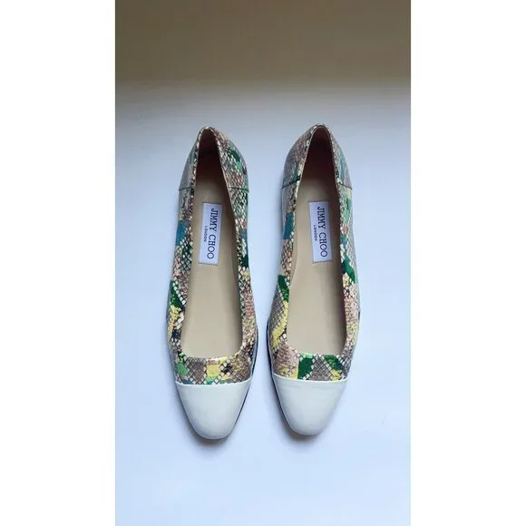 Jimmy Choo Cap-Toe Snakeskin-Embossed Leather Ballerina Flats size 37.5
